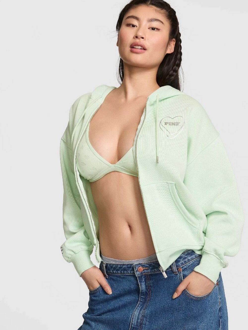 VS PINK Campus Fleece Full Zip Hoodie Green Size XL NWT